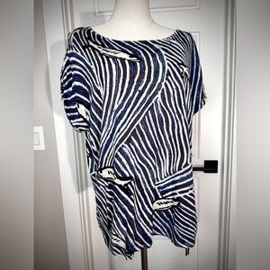 NIC+ZOE Ocean Knit Linen Rayon Fish Print Short Sleeve Sweater Resort Vacation M